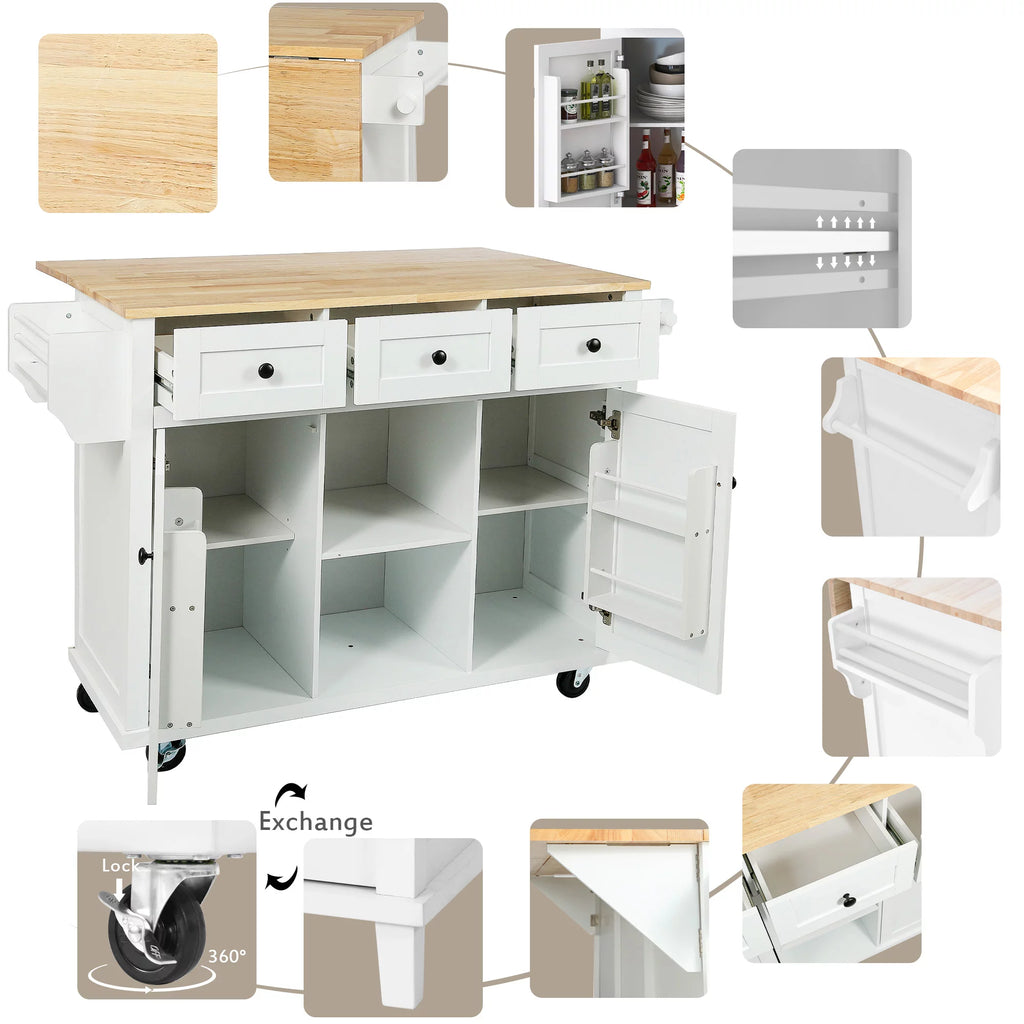 White Kitchen Island with Storage, Drop Leaf, 3 Drawers A977445