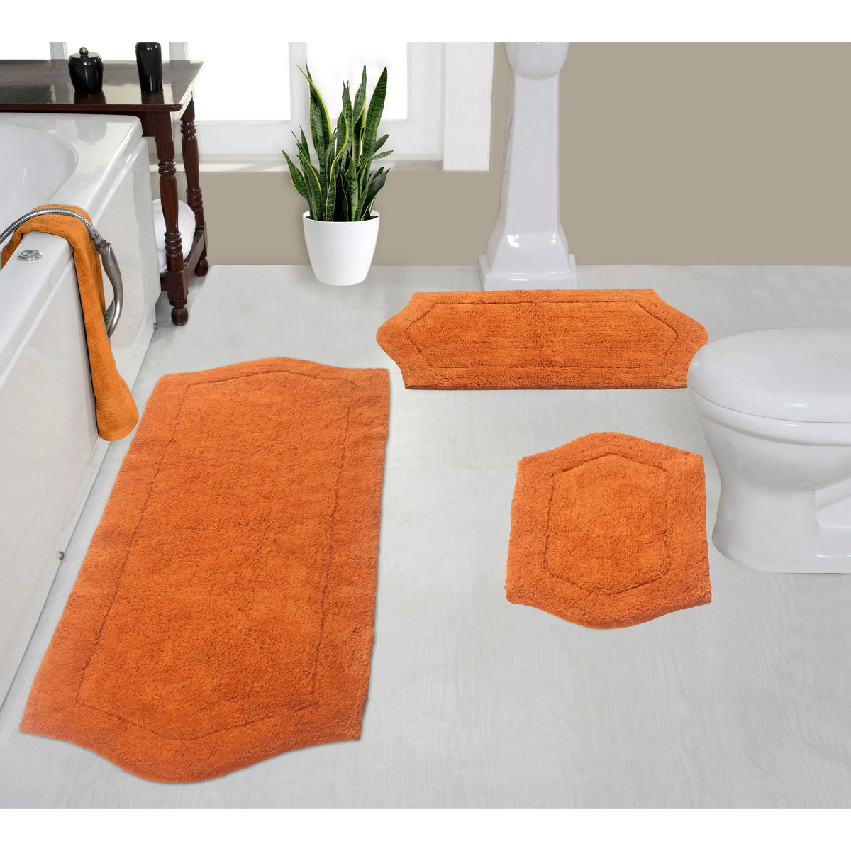 Absorbent Cotton Machine Washable 3 Piece Bathroom Rug Set with Runner Q28022