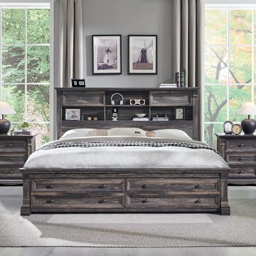 King Size Wood Platform Bed Frame with Storage Headboard and 2 Drawers Antique White R1863