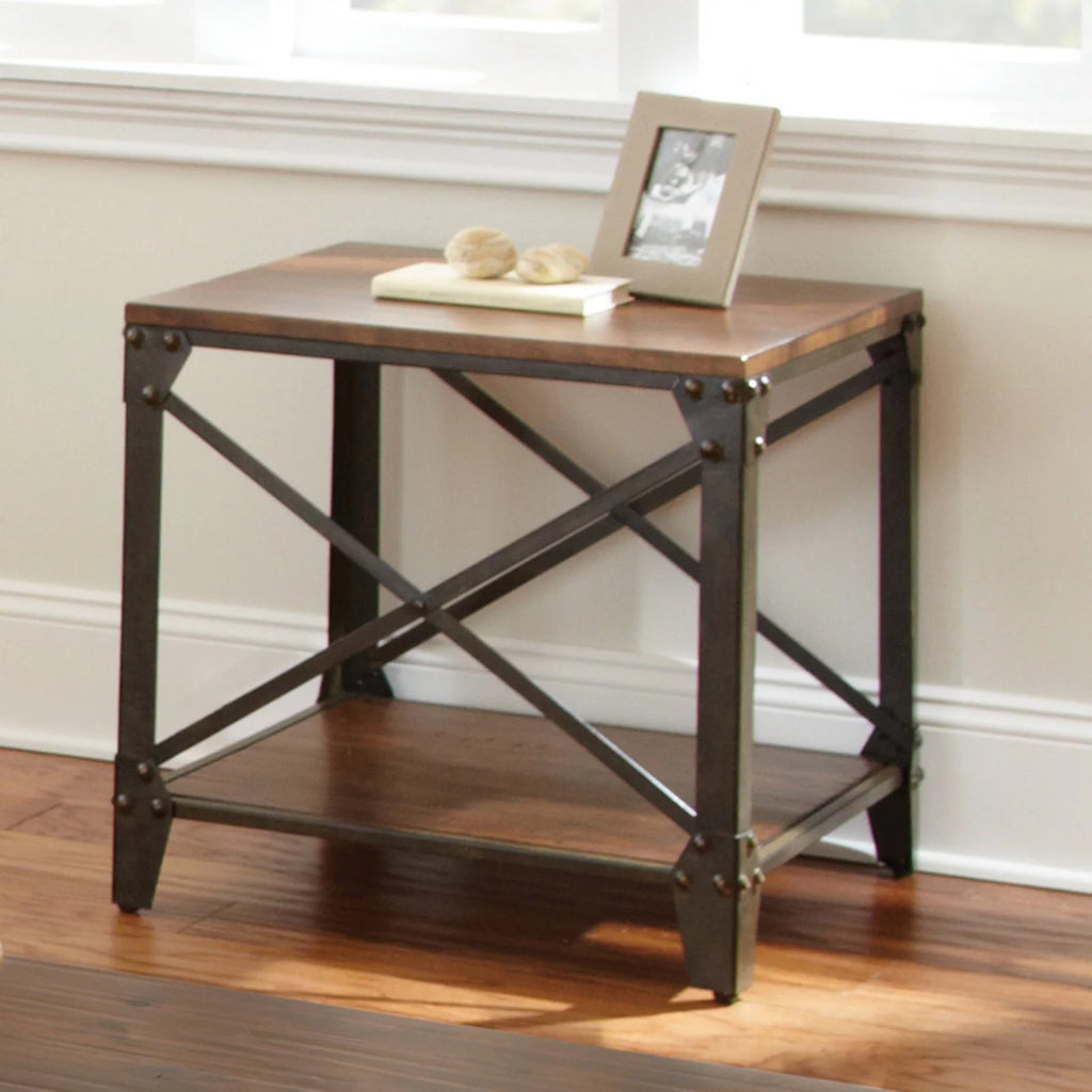 Square End Table Distressed Tobacco Brown Metal Frame M63568