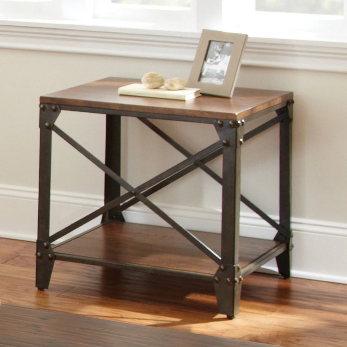Square End Table Distressed Tobacco Brown Metal Frame M63568