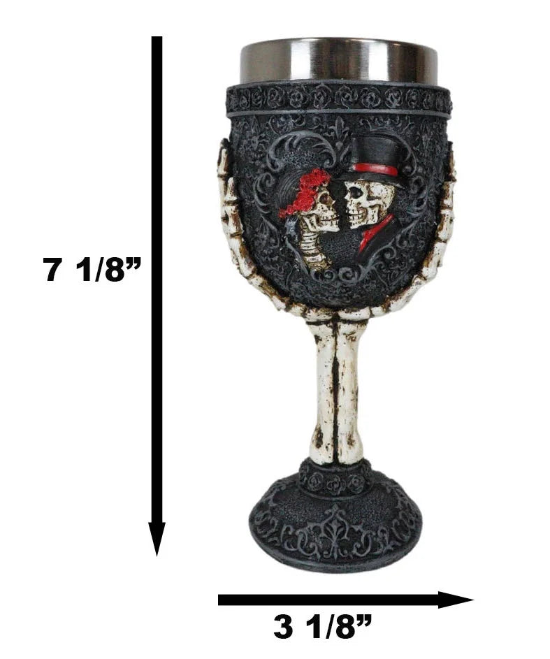 Gothic Day Of The Dead Skeleton Skull Bride And Groom Black Roses Wine Goblet C176482