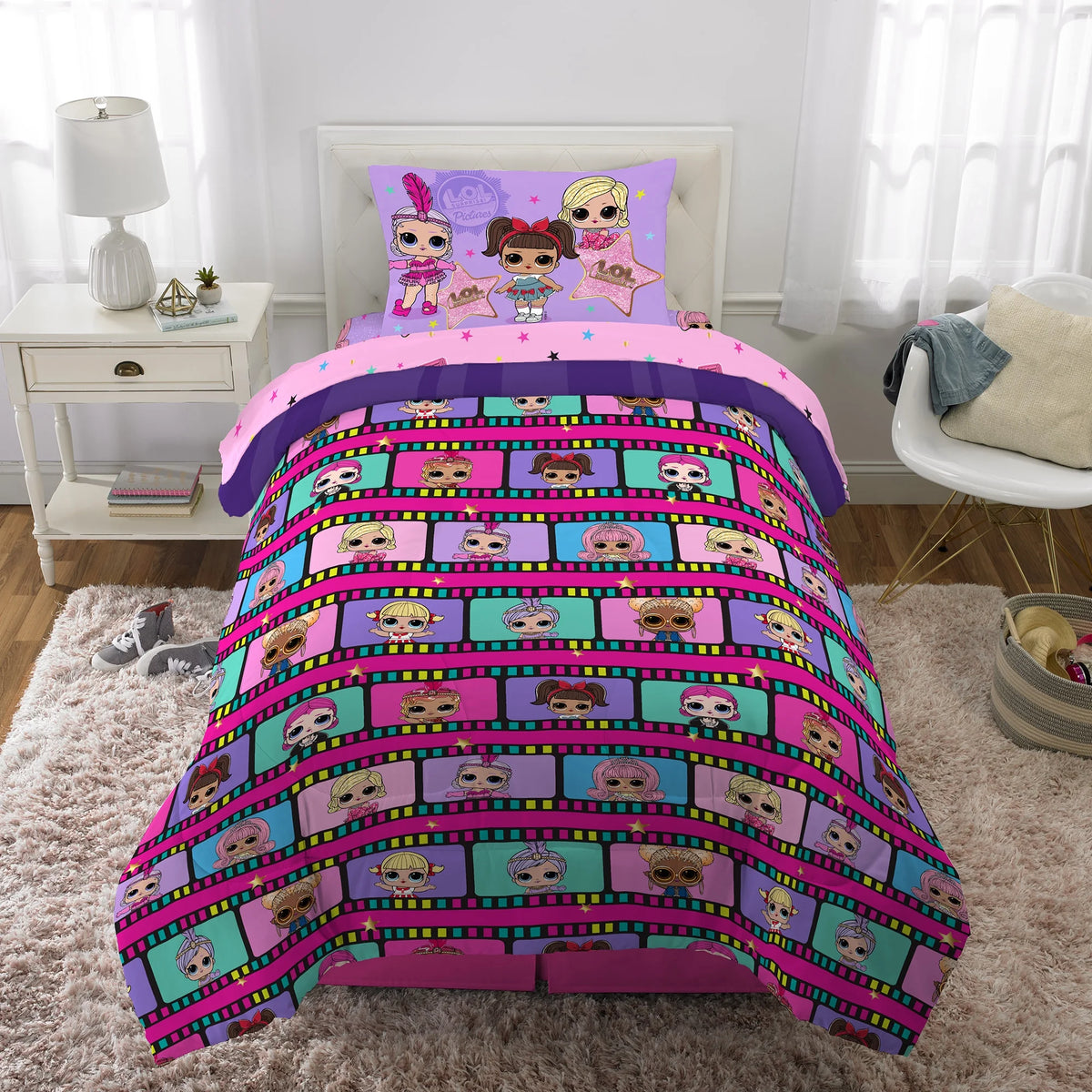 Kids Twin Bed in a Bag, Comforter and Sheets, Purple and Pink Y56080