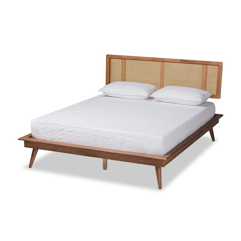 Walnut Brown Wood and Synthetic Rattan Full Size Platform Bed L115