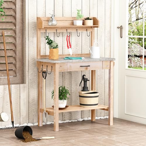 Outdoor Potting Bench Table with Storage Drawer and Removable Shelf Rack G4151