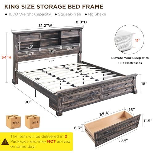 King Size Wood Platform Bed Frame with Storage Headboard and 2 Drawers Antique White R1863