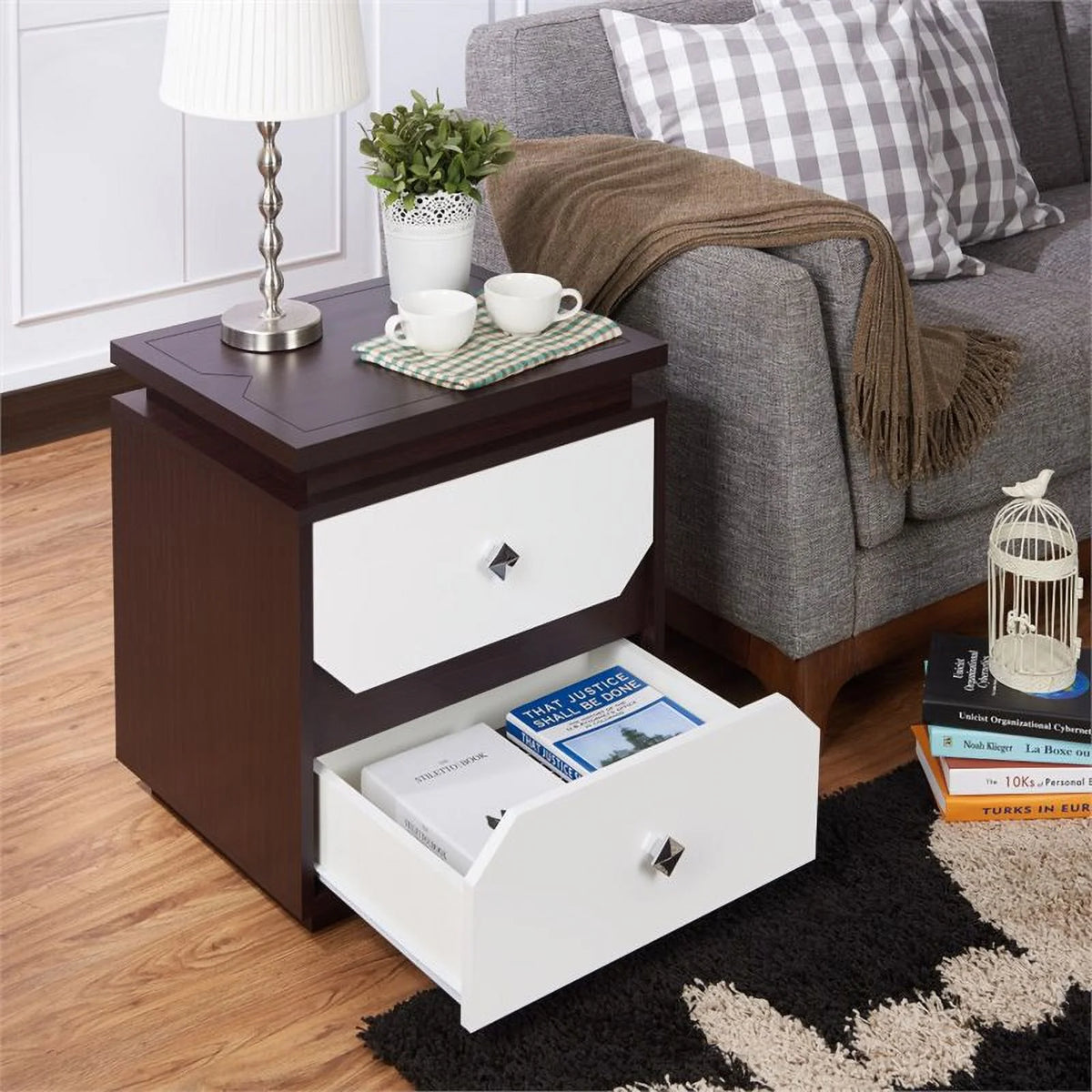 Contemporary Wood 2-Drawer End Table in Walnut U30066