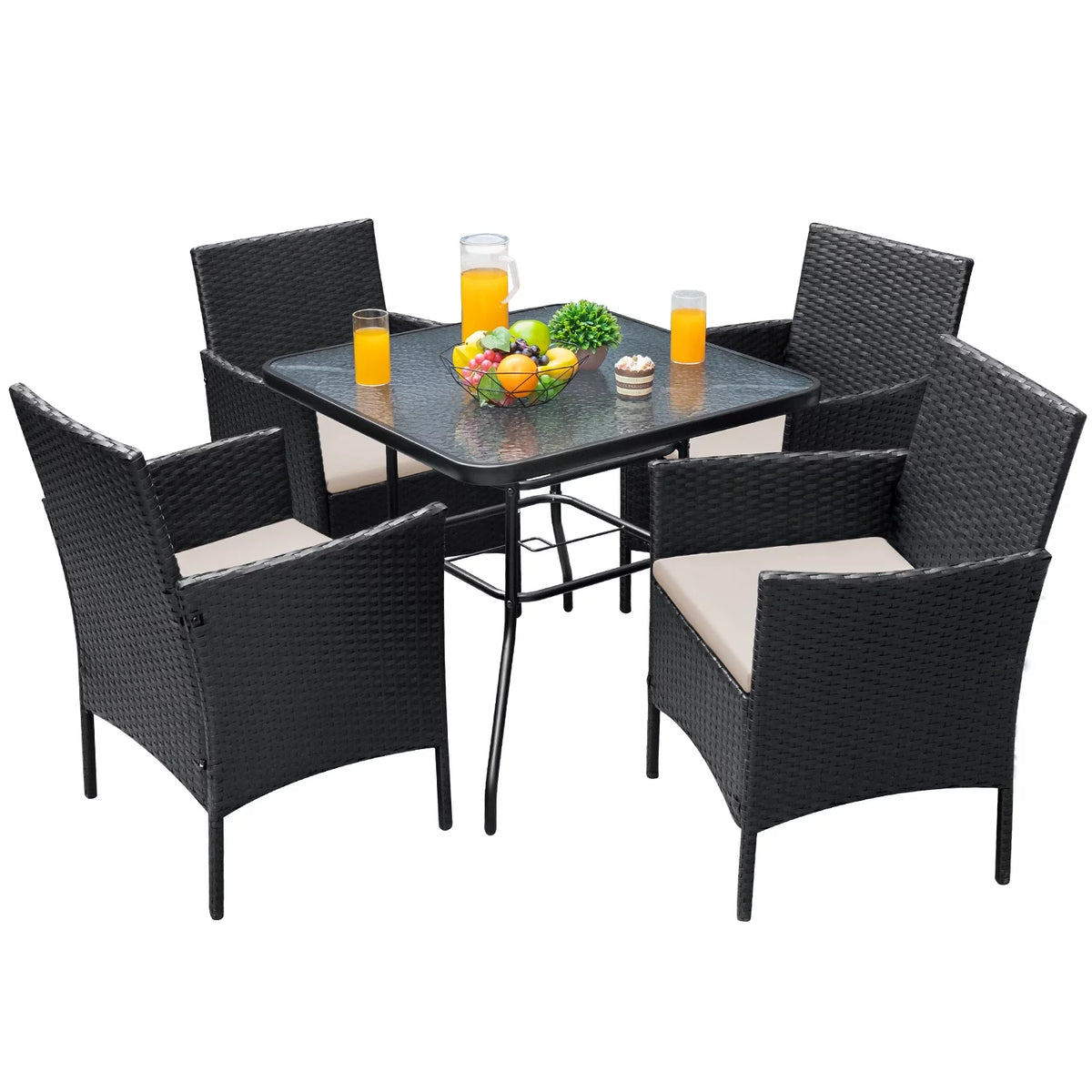 5 Piece Wicker Patio Conversation Set with Tempered Glass Table V106930