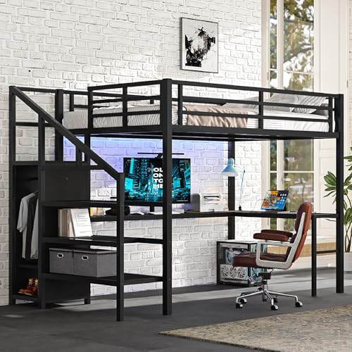 Full Size Black Metal Loft Bed with Desk and Wardrobe J370