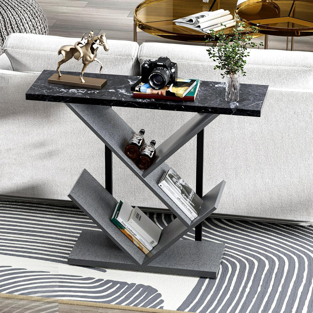 Black Marble Console Table with Storage F658