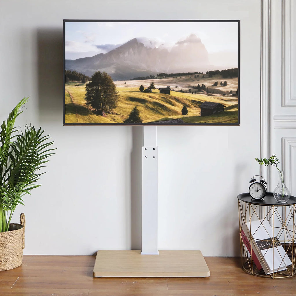Floor TV Stand with Mount Swivel for 50 to 75 inch Flat TVs Wood Base, White Shelf A6067