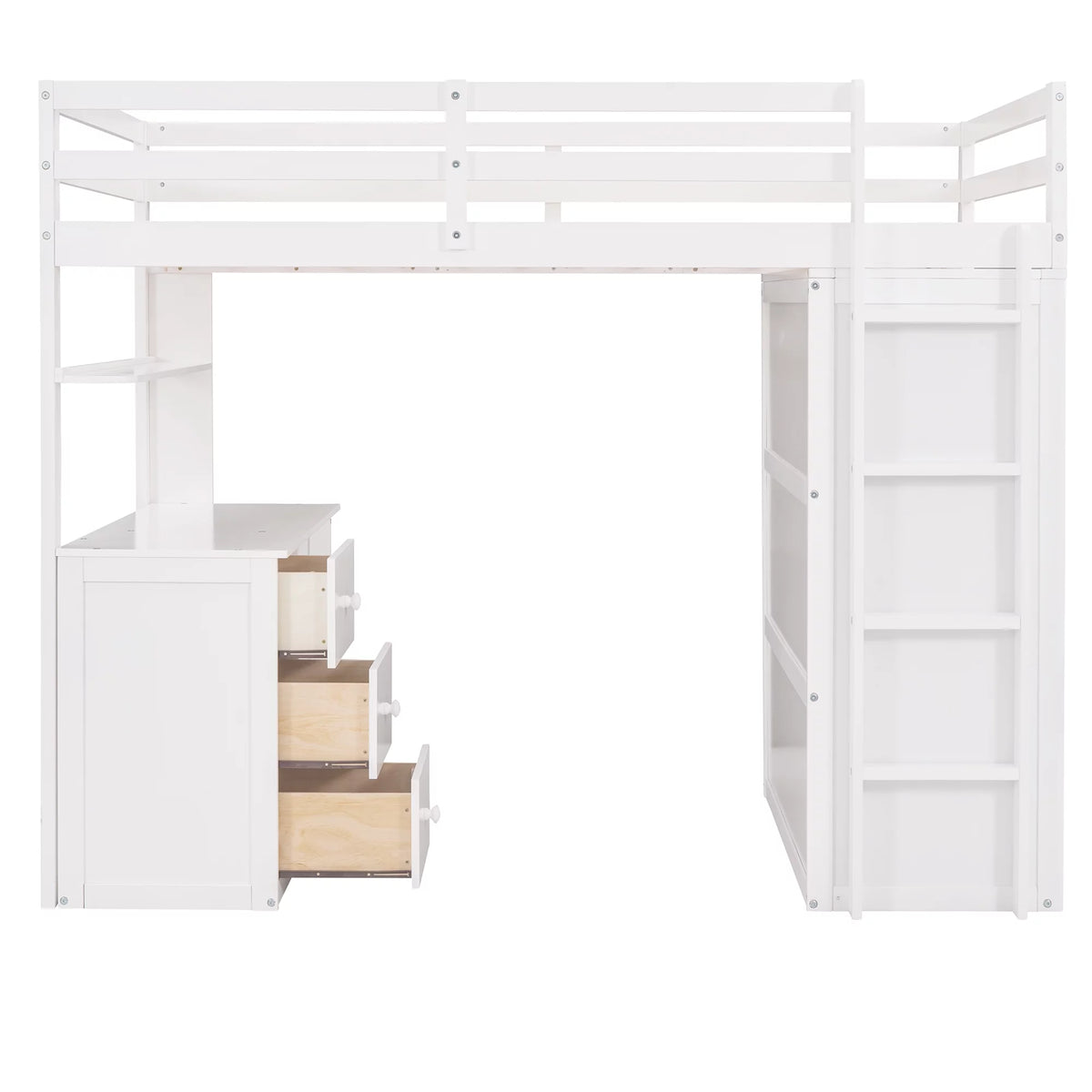 White Twin Size Wooden Loft Bed with Drawers, Desk, Wardrobe, Ladder & Safety Rails Z5715