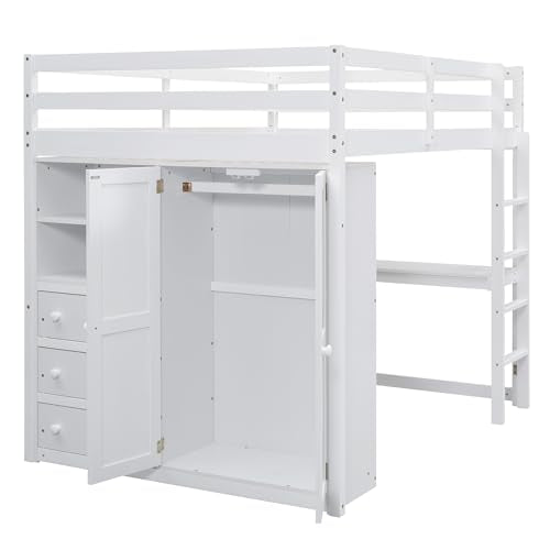 Full Size White Wood Loft Bed Frame with Desk, Wardrobe, Storage Shelves and Drawers P8318