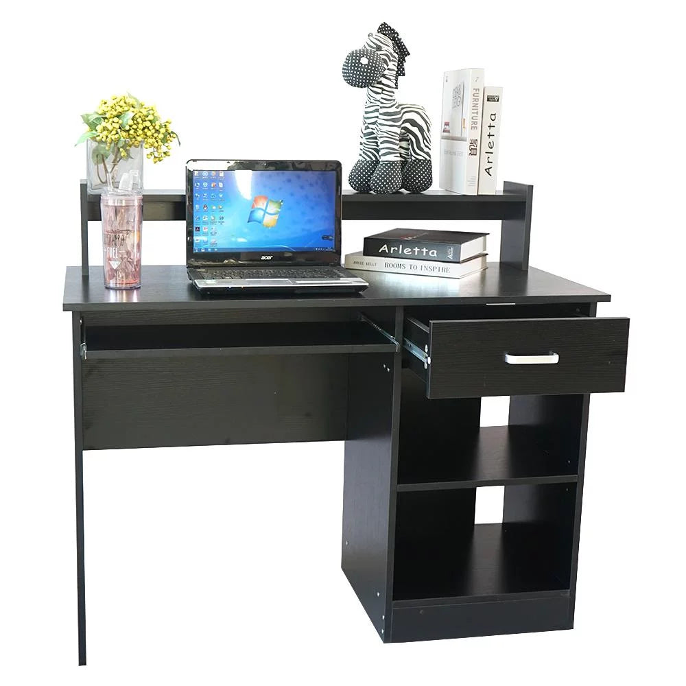 Black Wood Computer Desk with Drawer and Keyboard Tray Q304