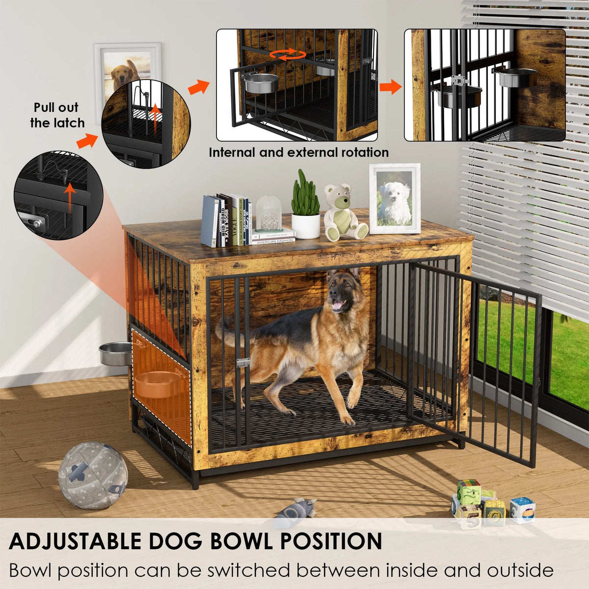 44.1'' Wooden Dog Crate with 2 Stainless Steel Bowls O76968