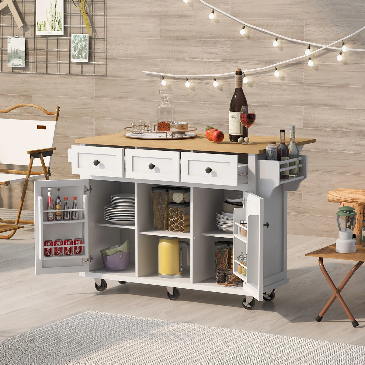 White Kitchen Island with Storage, Drop Leaf, 3 Drawers A977445