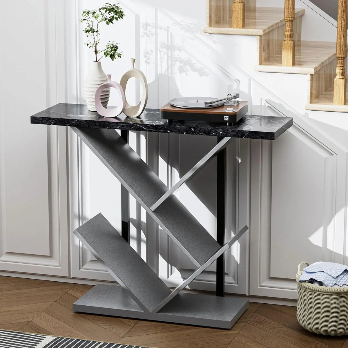 Black Marble Console Table with Storage F658
