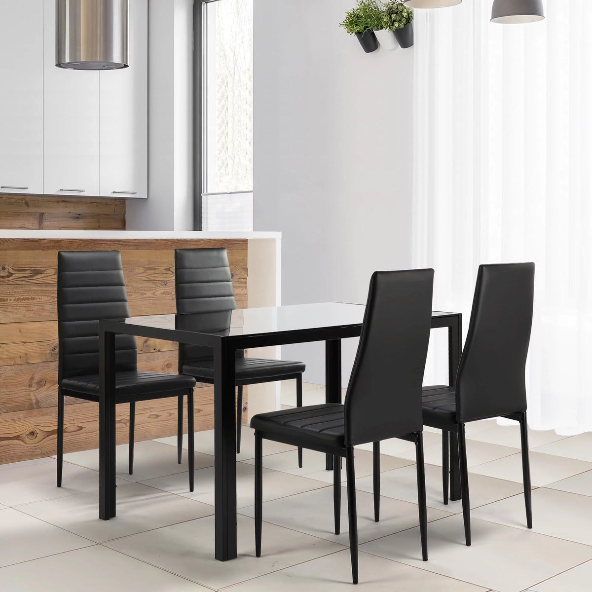 5 Pieces Tempered Glass Dining Table Set with 4 Faux Leather Chairs Black V549726