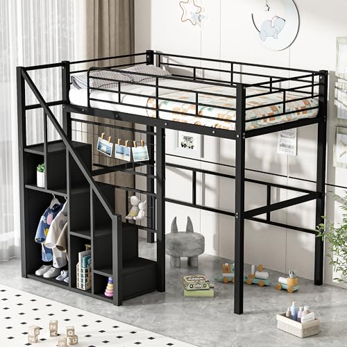 Full Size Black Metal Loft Bed with Desk and Wardrobe J370