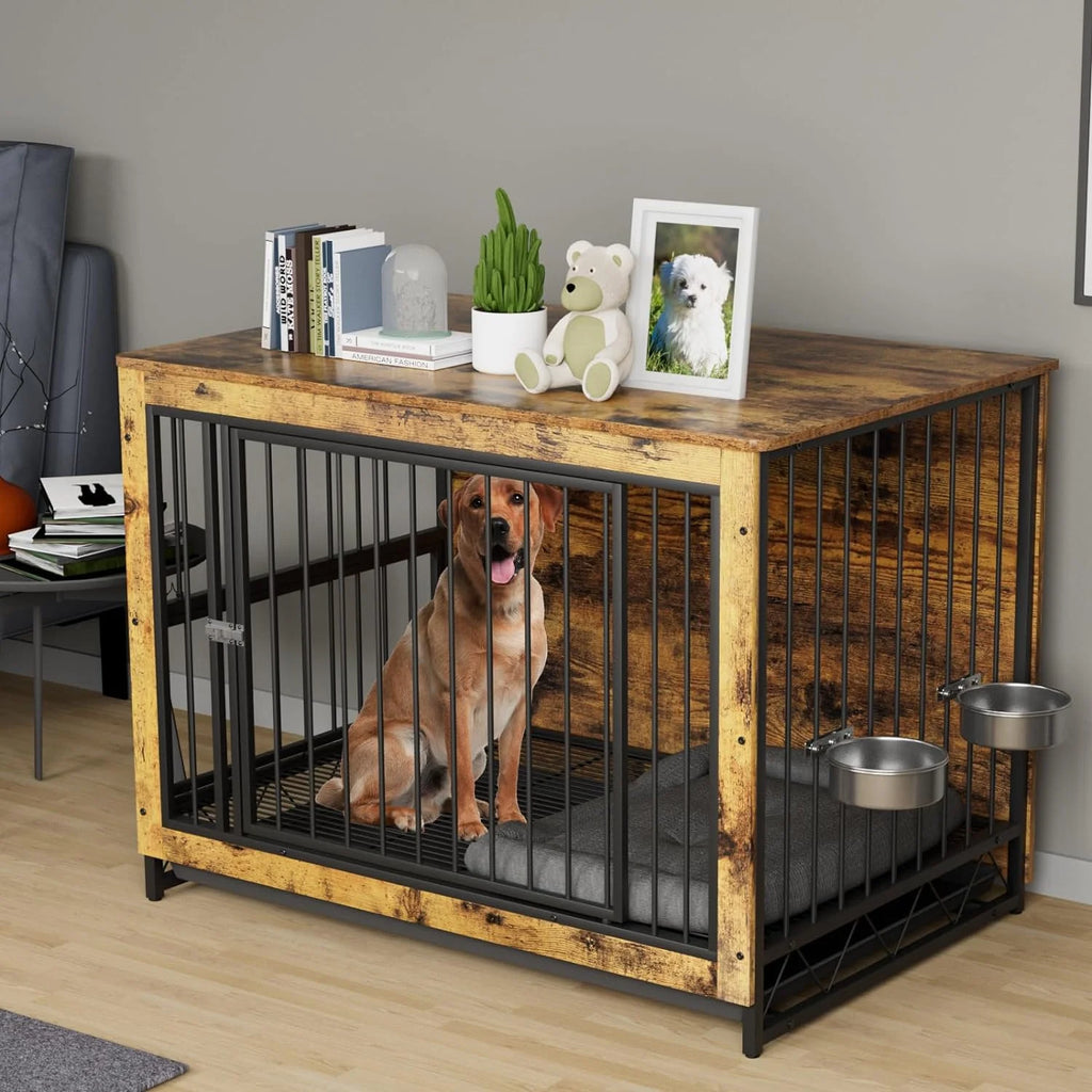 44.1'' Wooden Dog Crate with 2 Stainless Steel Bowls O76968