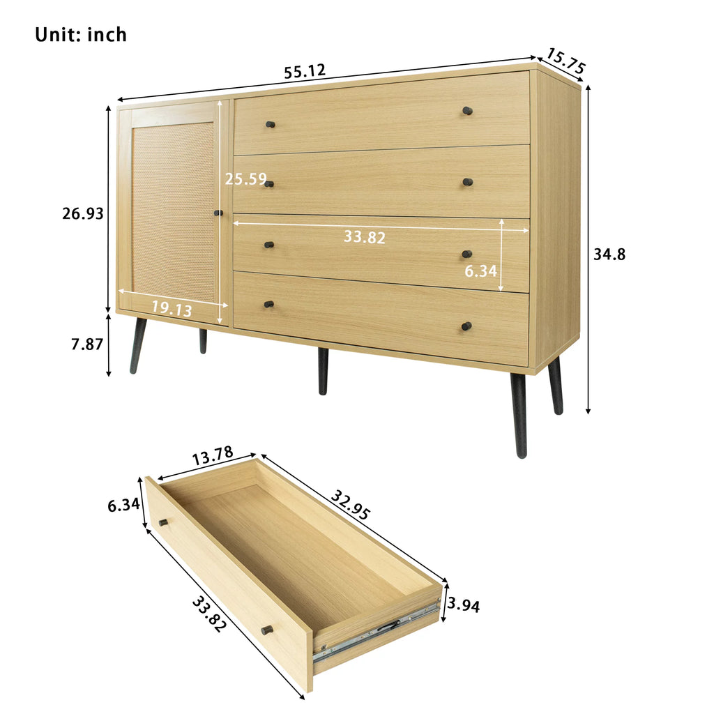 Natural Wood Storage Cabinet with Door and 4 Drawers R7972