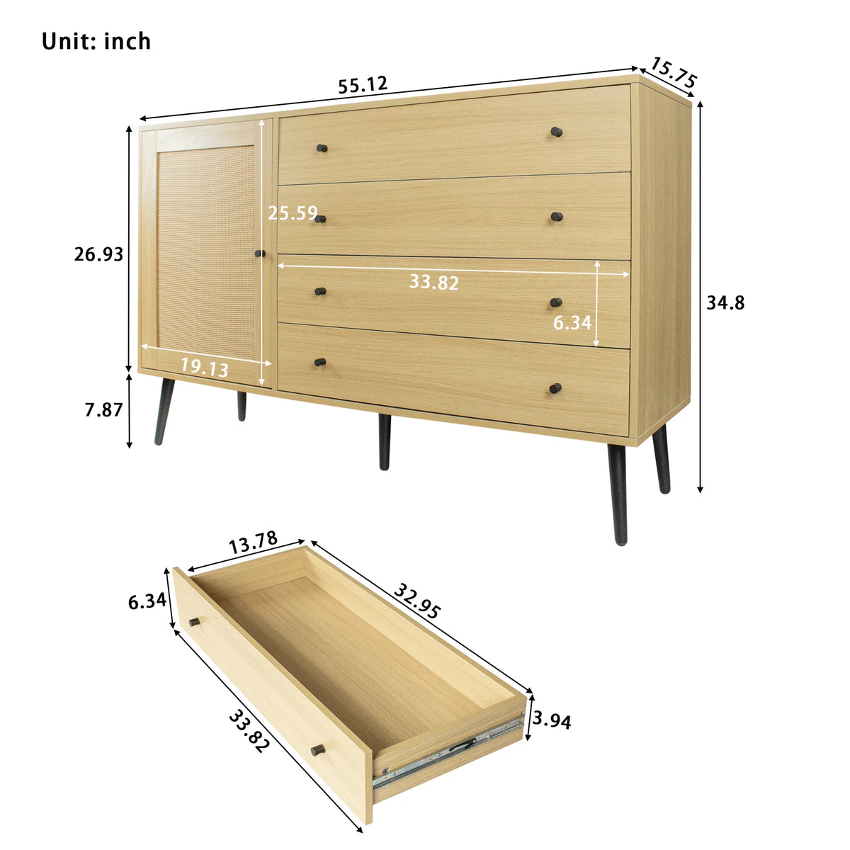 Natural Wood Storage Cabinet with Door and 4 Drawers R7972
