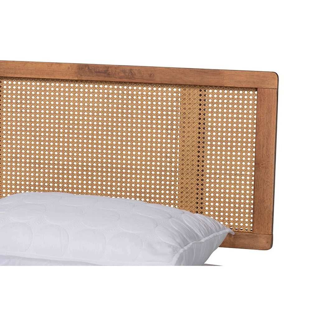 Walnut Brown Wood and Synthetic Rattan Full Size Platform Bed L115