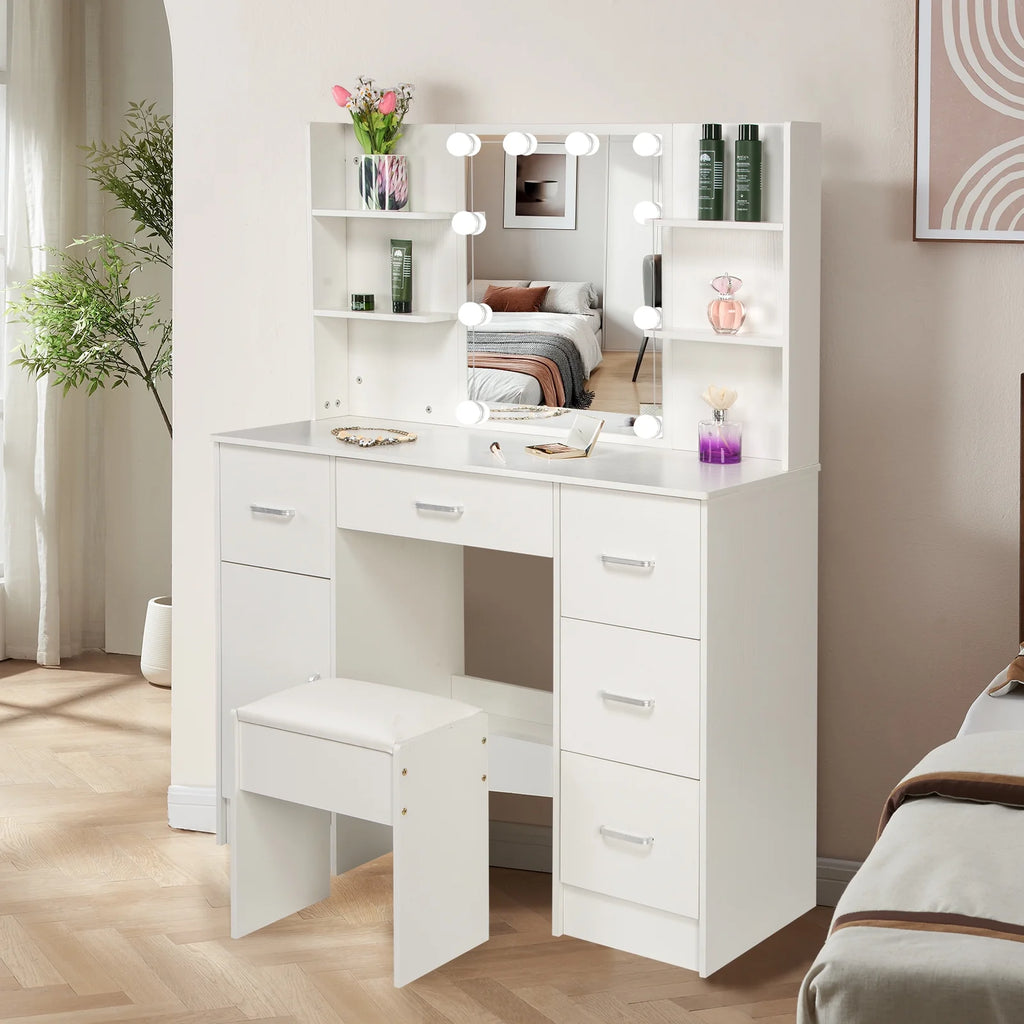 White Makeup Vanity Set with Mirror and Lights K626883