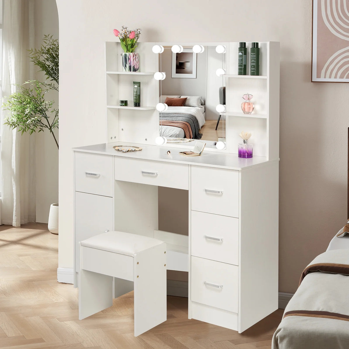 White Makeup Vanity Set with Mirror and Lights K626883
