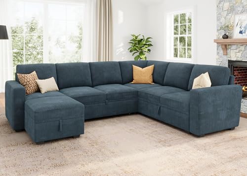 Dark Grey Corduroy L Shaped Sleeper Sofa with Pull Out Bed M174