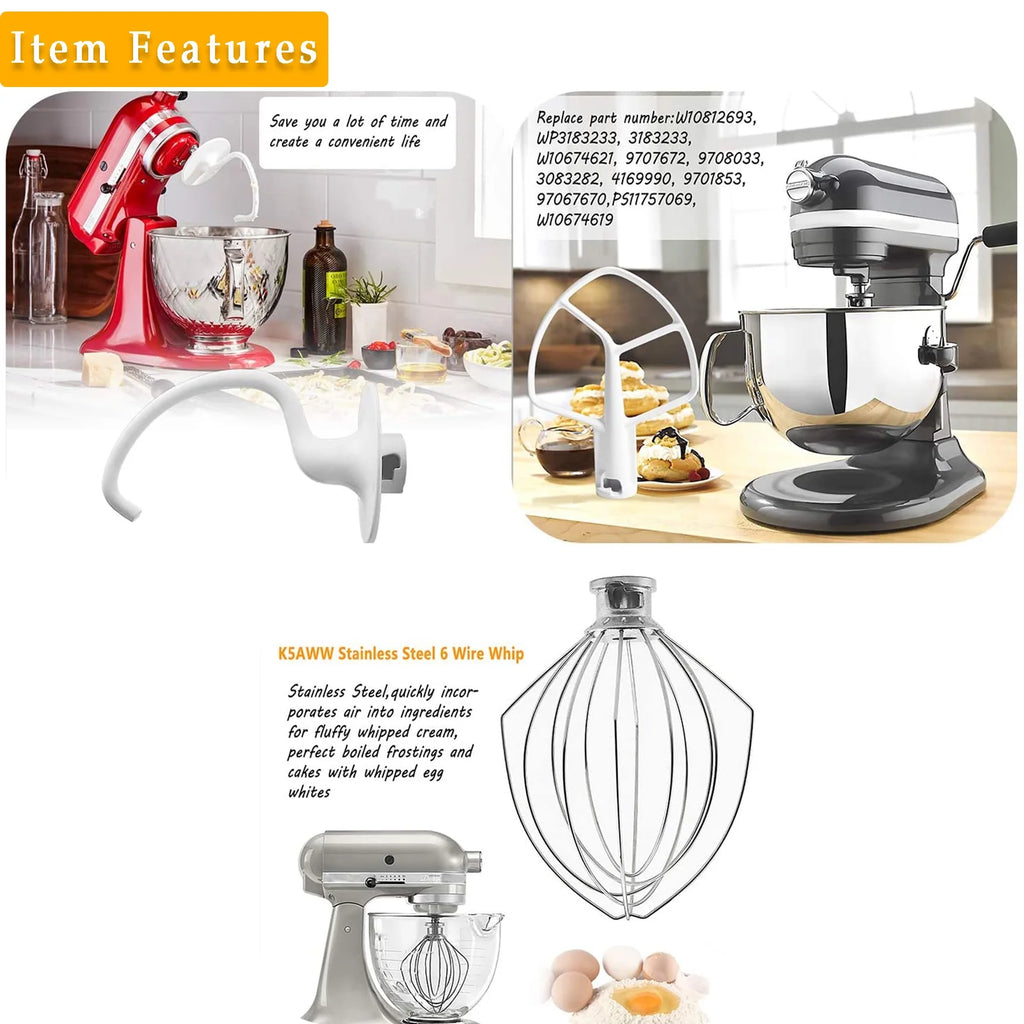 Dough Hook & Wire Whip & Flat Blade Paddle with Scraper for Stand Mixer R607