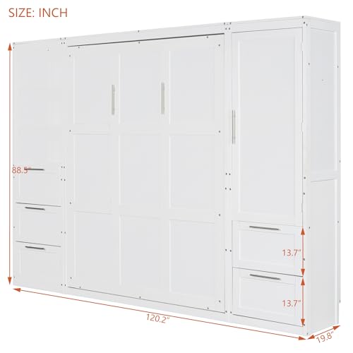Queen Size White Murphy Bed with Drawers and Shelves P821