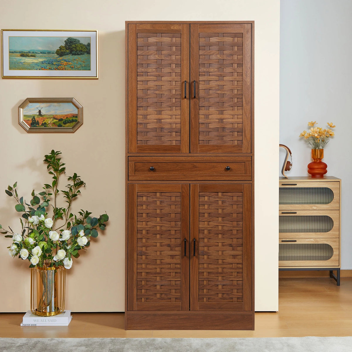 Walnut Storage Cabinet with 4 Doors and a Drawer L830303