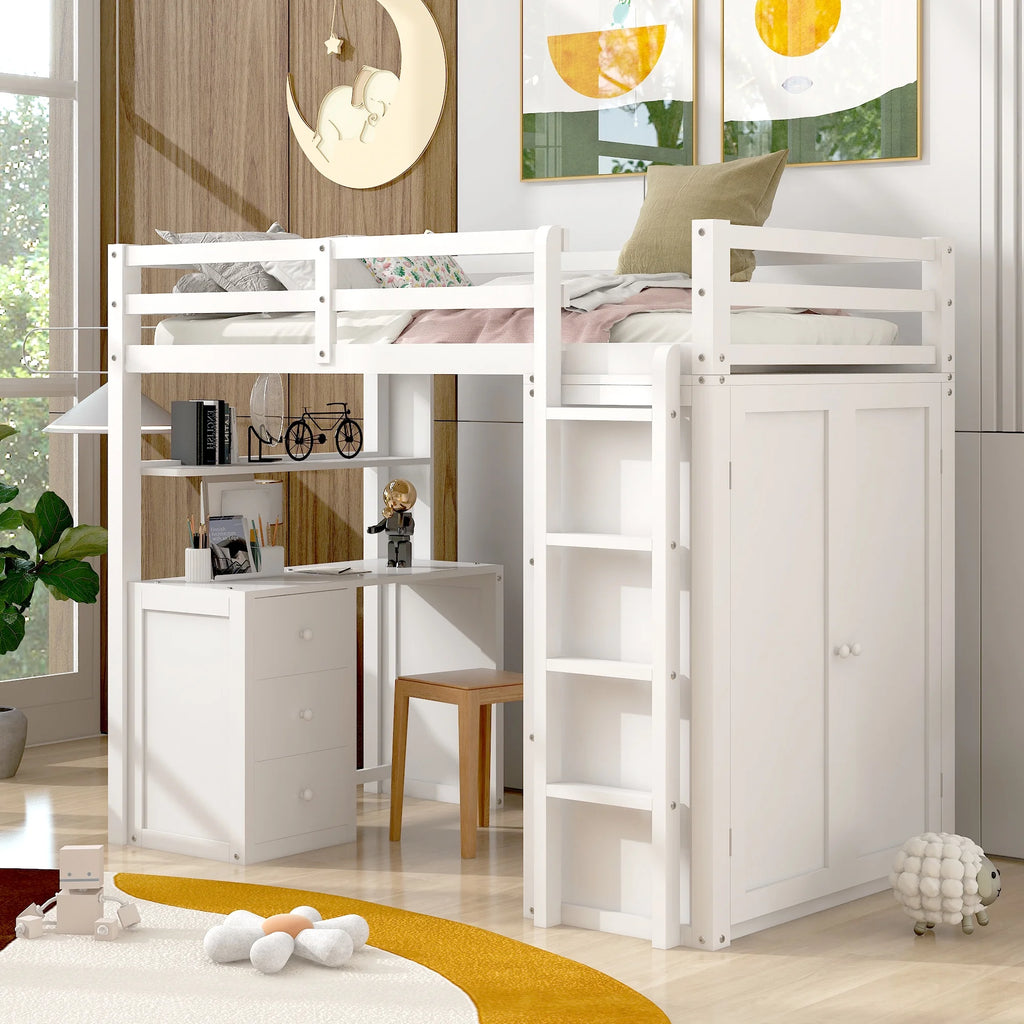 White Twin Size Wooden Loft Bed with Drawers, Desk, Wardrobe, Ladder & Safety Rails Z5715
