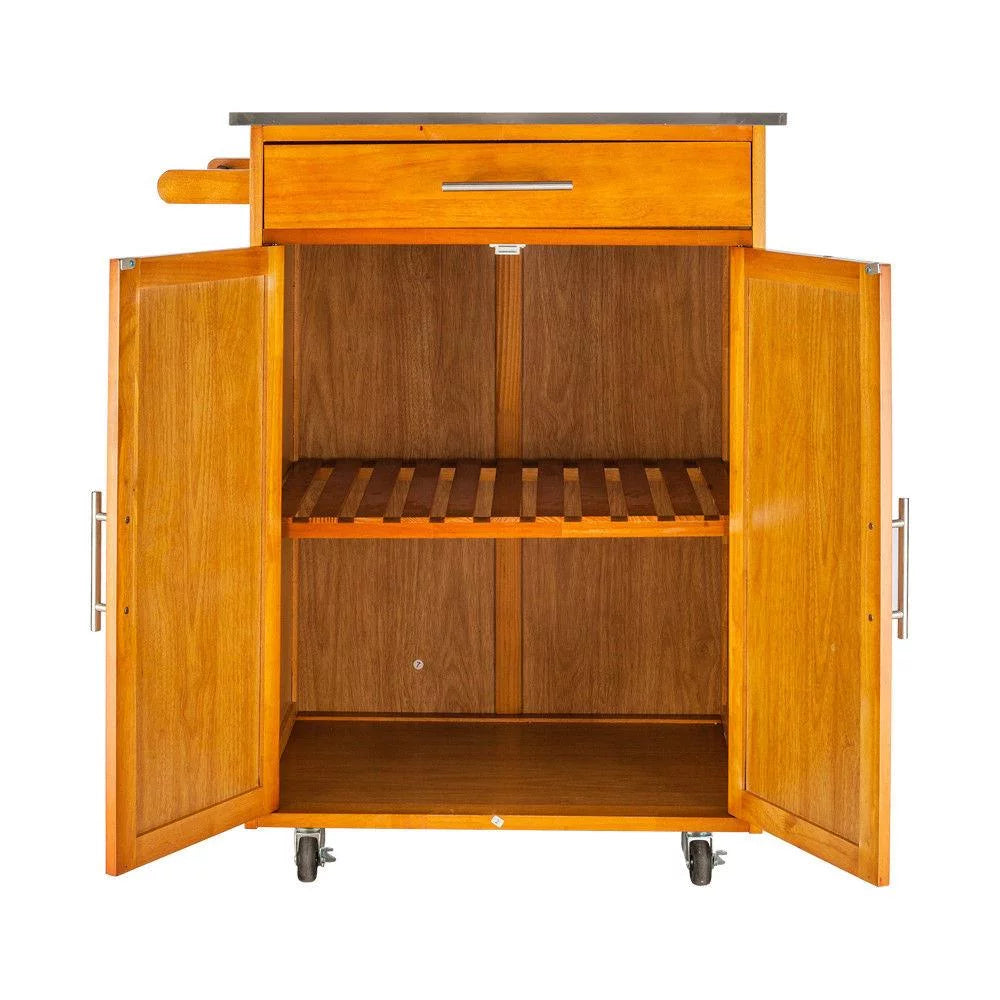 Wood Kitchen Cart with Stainless Steel Top and Storage Cabinet D28933