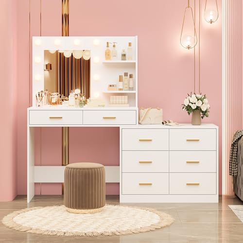 Black Vanity Desk with Mirror and Lights, 8 Storage Drawers U307