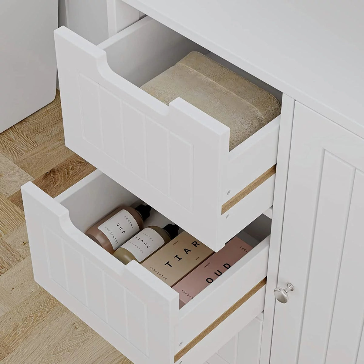 White Free Standing Bathroom Floor Cabinet with 3 Drawers and 1 Door T5774