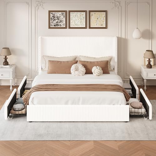 King Size White Corduroy Upholstered Platform Bed Frame with 4 Storage Drawers H610289