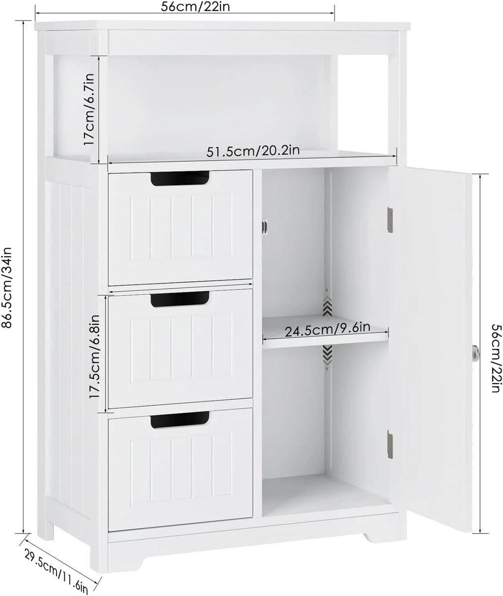 White Free Standing Bathroom Floor Cabinet with 3 Drawers and 1 Door T5774