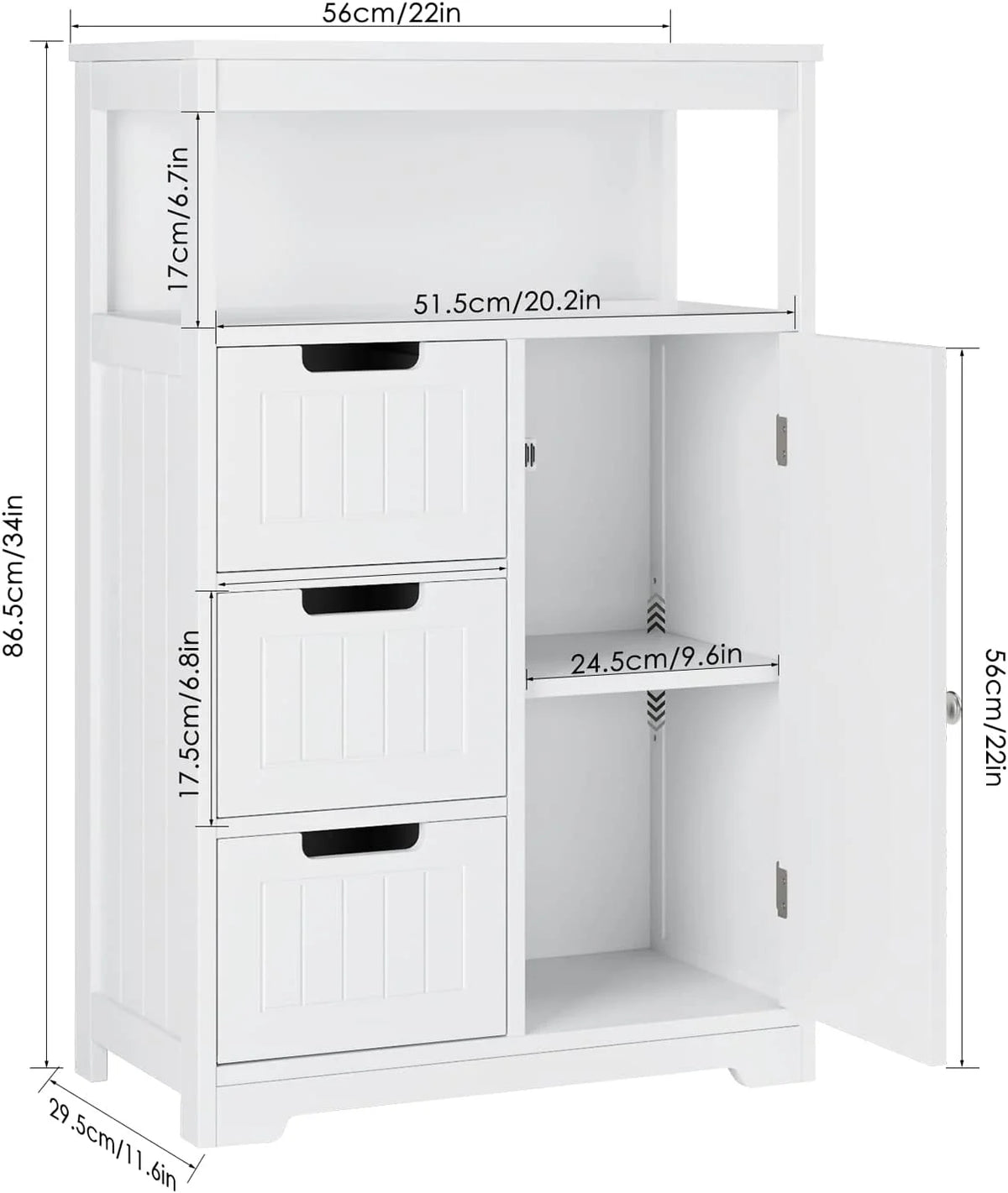 White Free Standing Bathroom Floor Cabinet with 3 Drawers and 1 Door T5774