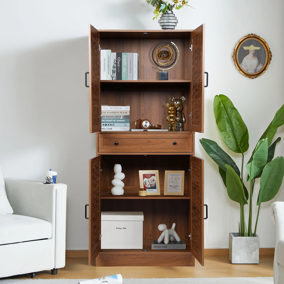 Walnut Storage Cabinet with 4 Doors and a Drawer L830303