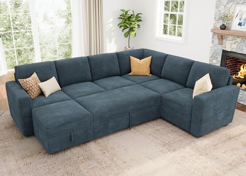 Dark Grey Corduroy L Shaped Sleeper Sofa with Pull Out Bed M174