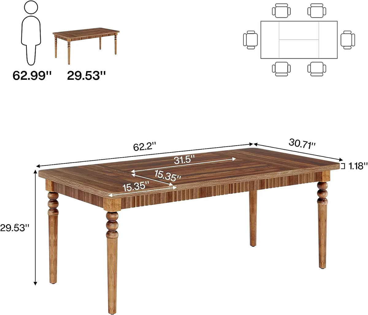 63-inch Farmhouse Dining Table with Solid Wood Turned Legs P73524