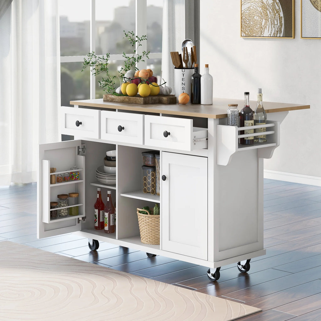White Kitchen Island with Storage, Drop Leaf, 3 Drawers A977445