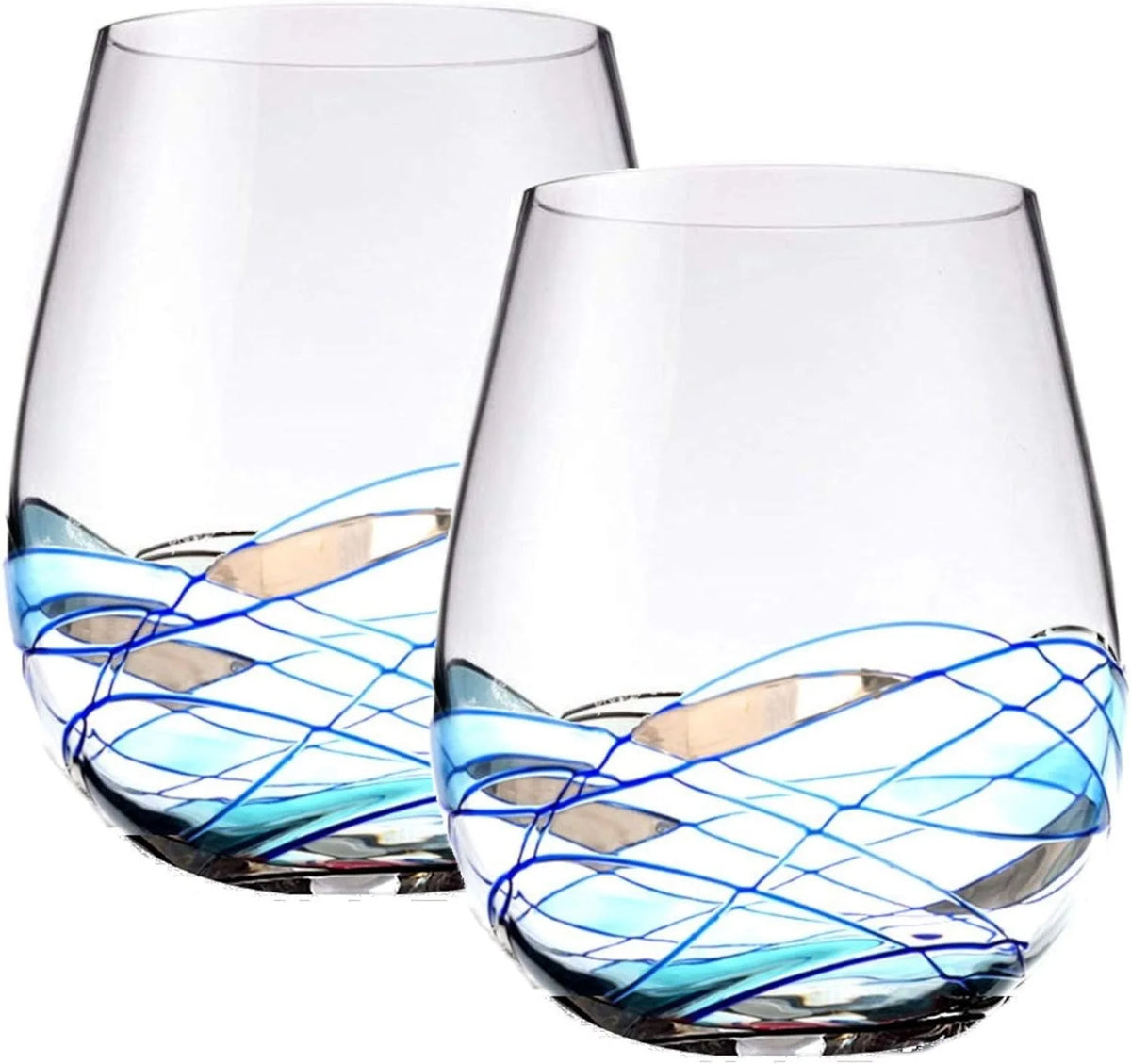 Hand Painted Stemless Wine Glasses Set Of Two 18 Ounces Blue U214
