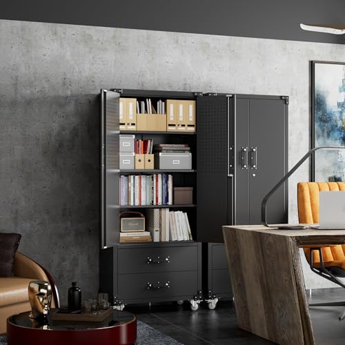 Black Metal Garage Storage Cabinet with Pegboard Z71677