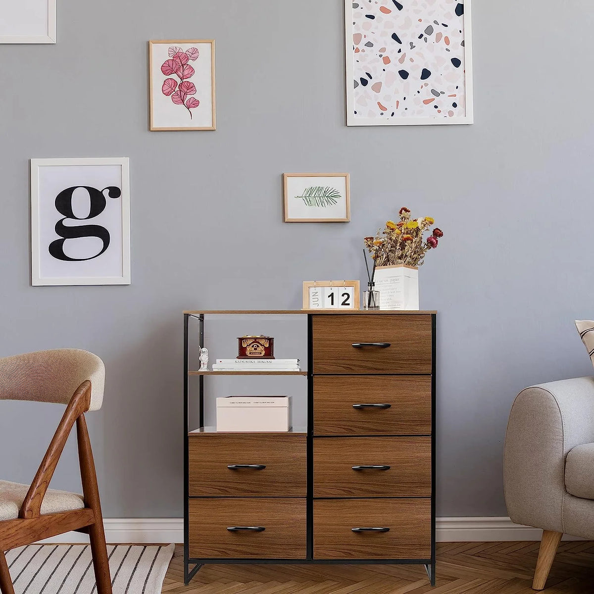 Fabric Dresser with 4 Drawers and 2 Side Shelf W2727