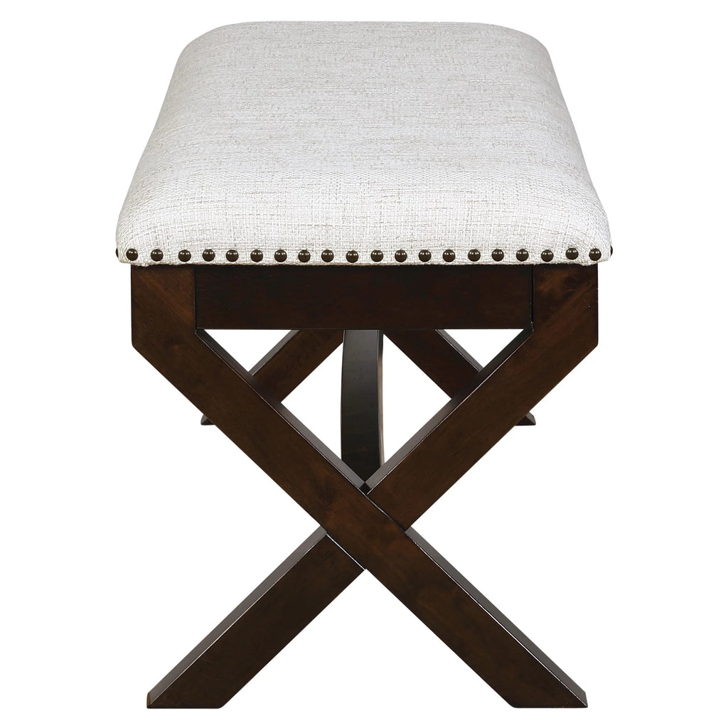 Linen White Fabric Bench with Dark Walnut Base C2821