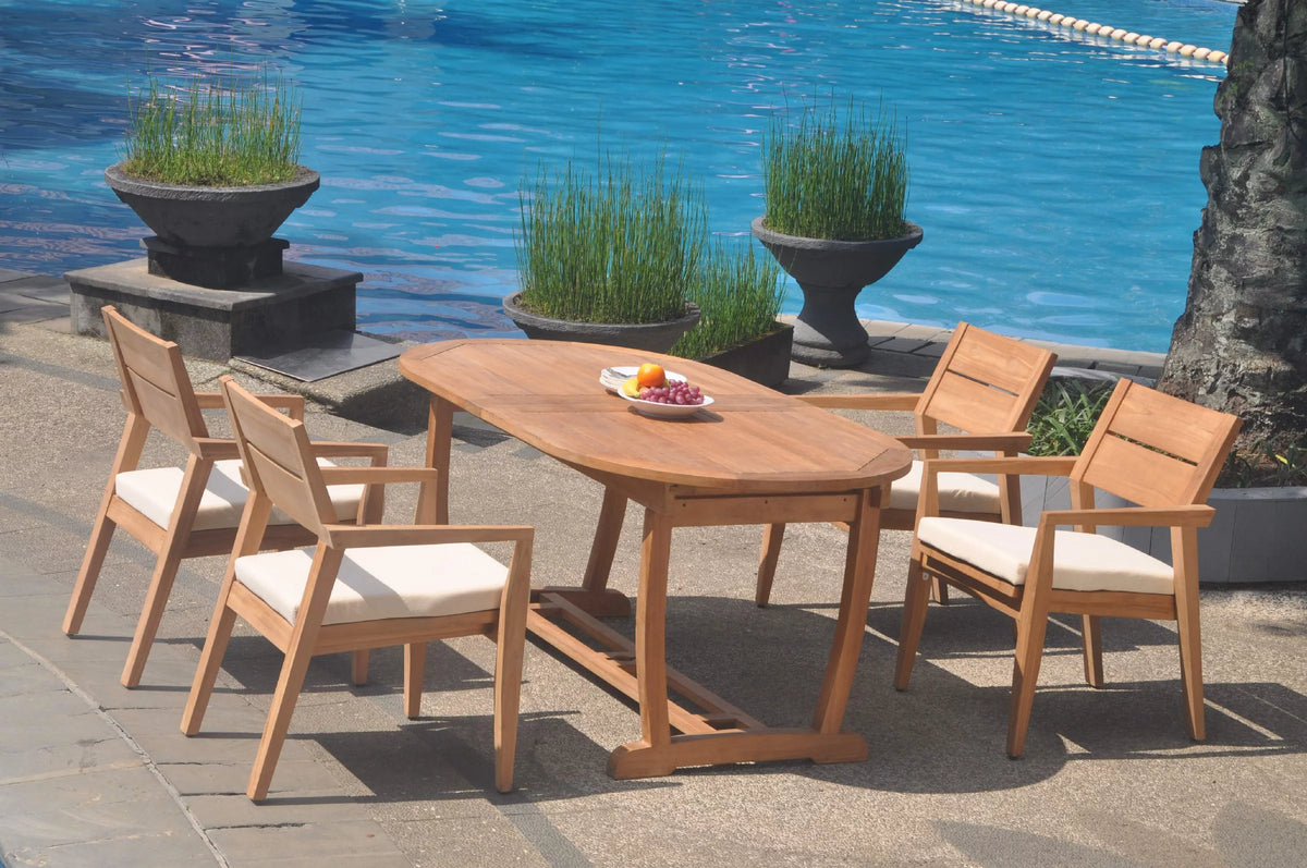Grade-A Teak 5 Pc Dining Set with Oval Trestle Leg Table and 4 Stacking Arm Chairs V616570