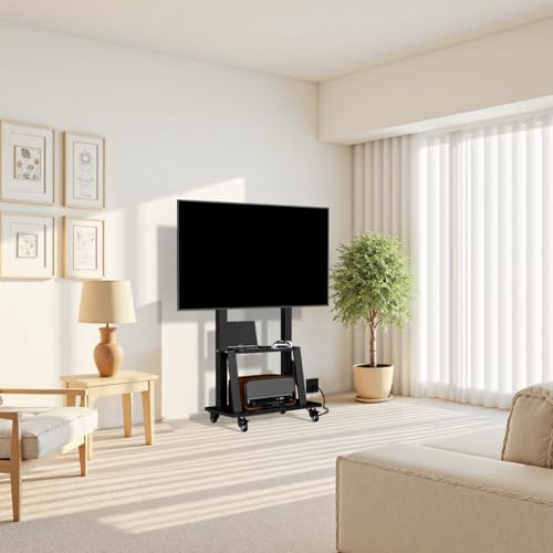 Black Rolling TV Stand with Power Outlet, Height Adjustable for 32-75 inch TV S6619